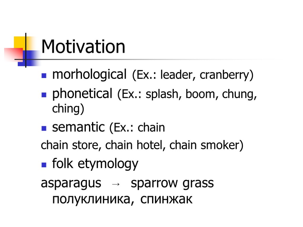 Motivation morhological (Ex.: leader, cranberry) phonetical (Ex.: splash, boom, chung, ching) semantic (Ex.: chain